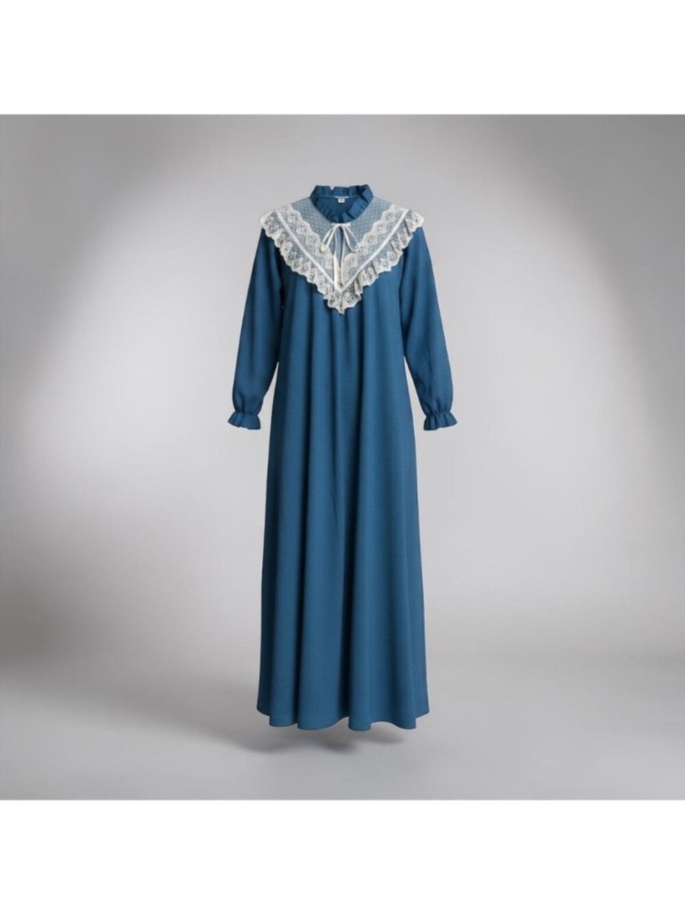 Vintage Maggie McQuade Blue Maxi Dress With Lace Collar & Ruffle Details